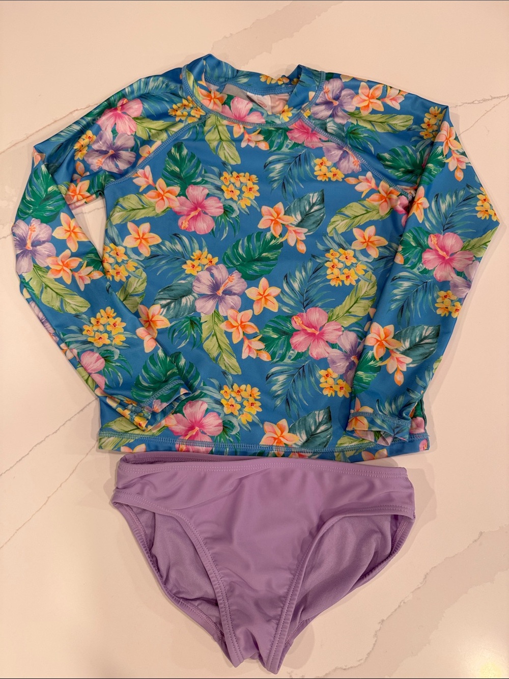 Girl’s Wonder Nation Floral Long-Sleeve Rash Guard Swim Set - Blue & Lavender